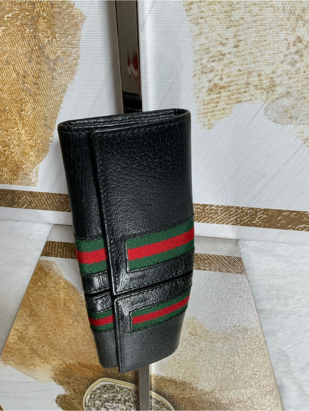 Gucci Black Leather Key & Card Holder with Green and Red Web Stripe